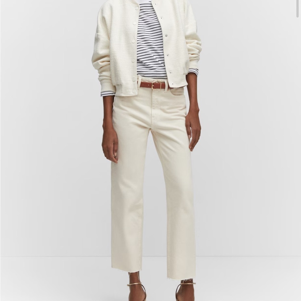 NWT MANGO Havana Straight Leg Cropped Cream High Waist Jeans Size 10 - Picture 1 of 14